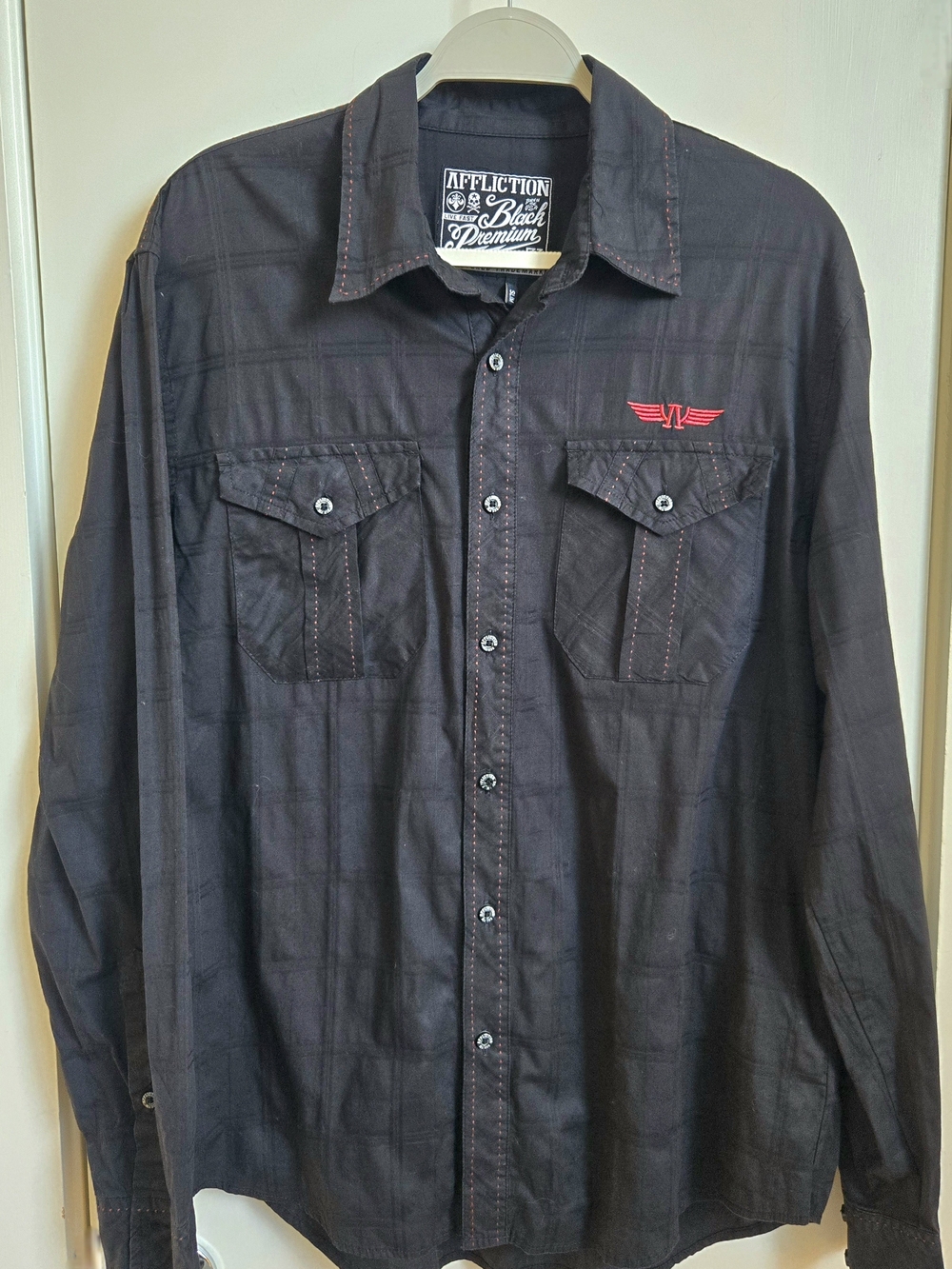 Affliction Black Button-Up Shirt with Red Wing Logo